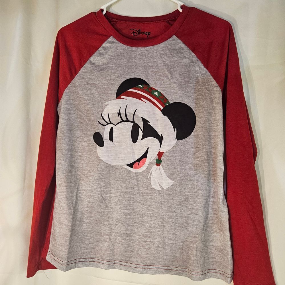 Disney Minnie‎ Mouse Christmas Holiday Raglan Sleeve T-Shirt Gray & Red S/CH